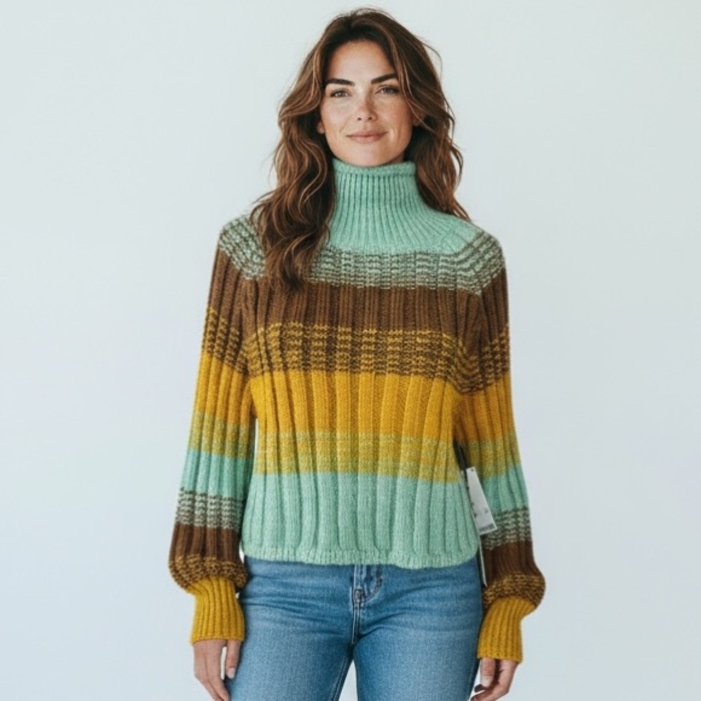 BDG Cropped Mock Neck Chunky Rib Sweater‎ Women's S Gold Blue NWT